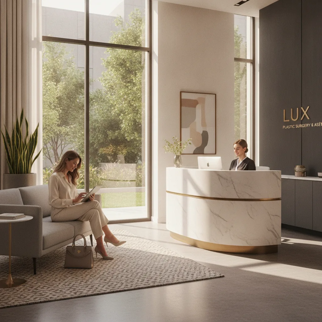 Modern plastic surgery clinic reception area with natural light, a patient on a tablet, and a sleek front desk.