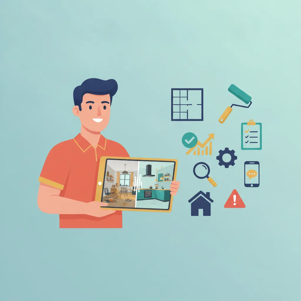 A contractor holding a tablet displaying a kitchen before and after AI render, with various remodeling icons floating beside him.