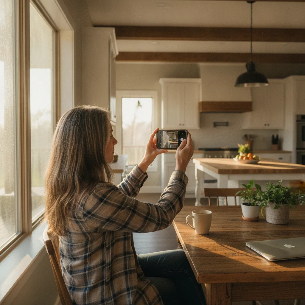 A Texas homeowner sits at a kitchen table, photographing the existing kitchen with a smartphone in natural morning light.