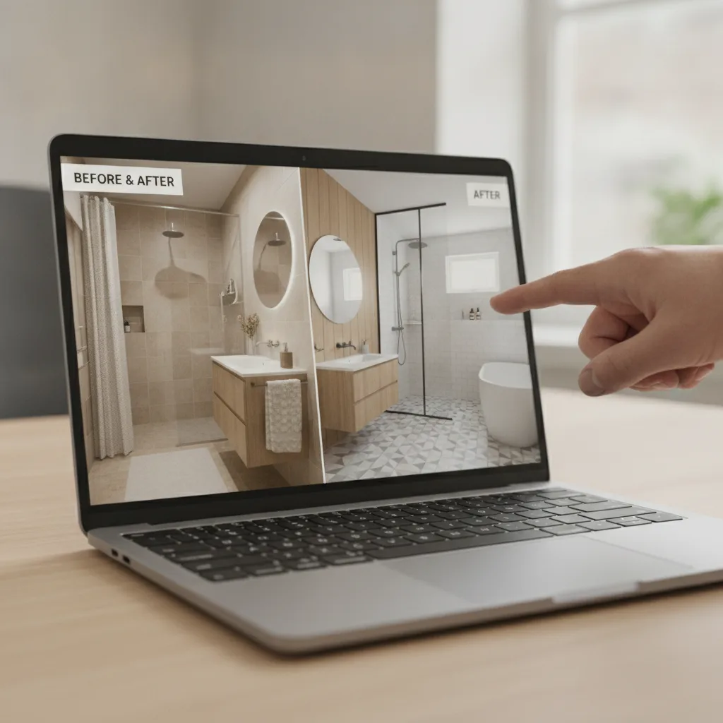 A laptop screen displays an AI-generated before-and-after bathroom redesign in Scandinavian style. A contractor's hand points at the render.