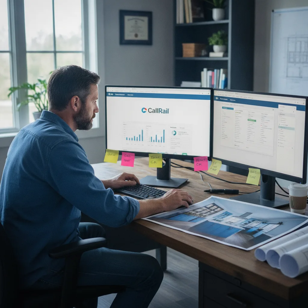 A remodeling contractor reviews CallRail analytics and a CRM dashboard on dual monitors in a professional home office.