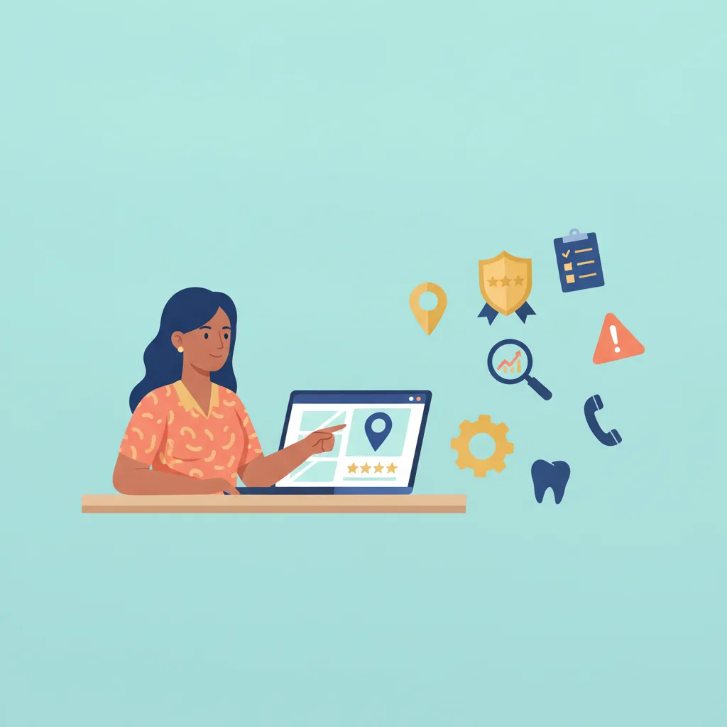 Dental practice owner pointing at a laptop with a map result and various marketing icons in a flat, vector style.