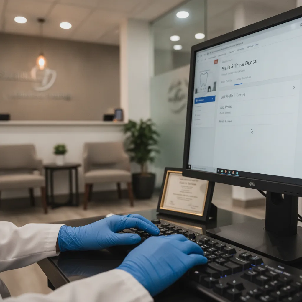 Close-up of a dentist's gloved hands updating a Google Business Profile on a desktop computer, dental office in background.