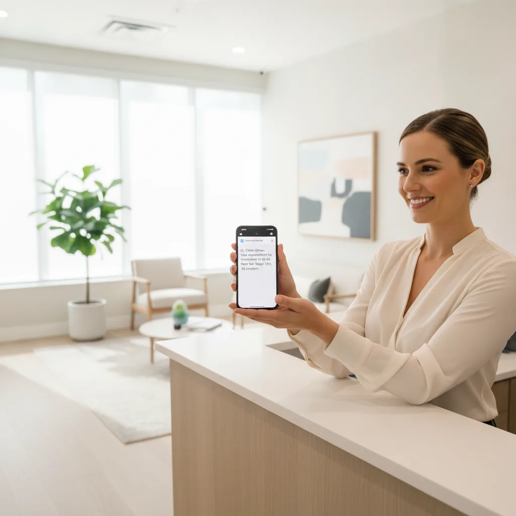 A smiling dental receptionist at a modern front desk holds up a smartphone showing an SMS notification.