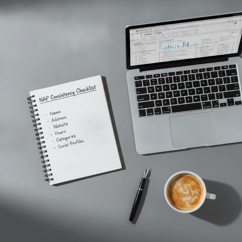 Overhead flat-lay of a desk with a NAP consistency checklist, laptop, coffee, and pen.