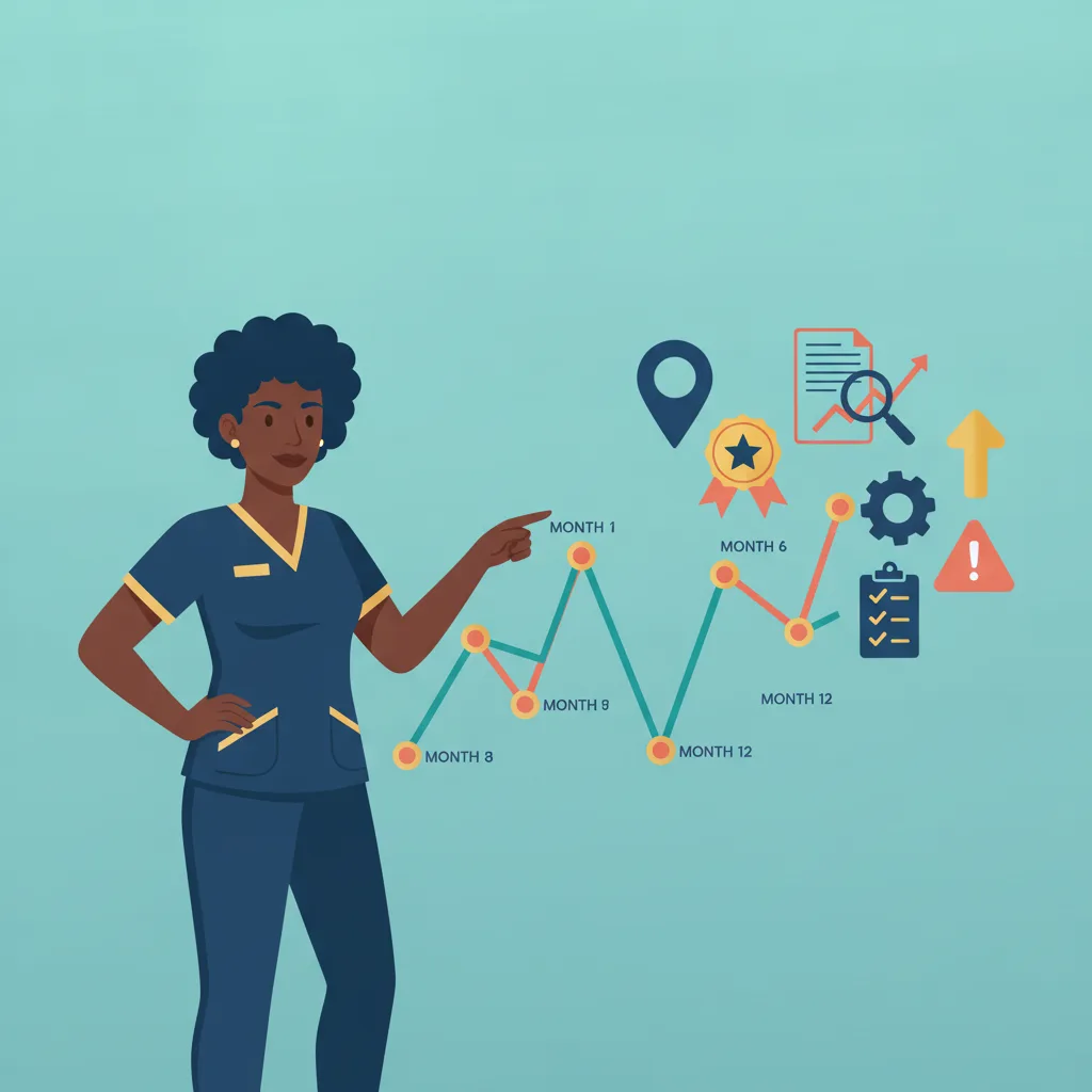 A confident plastic surgeon in scrubs points to a roadmap chart with surrounding icons for navigation, procedures, and growth.