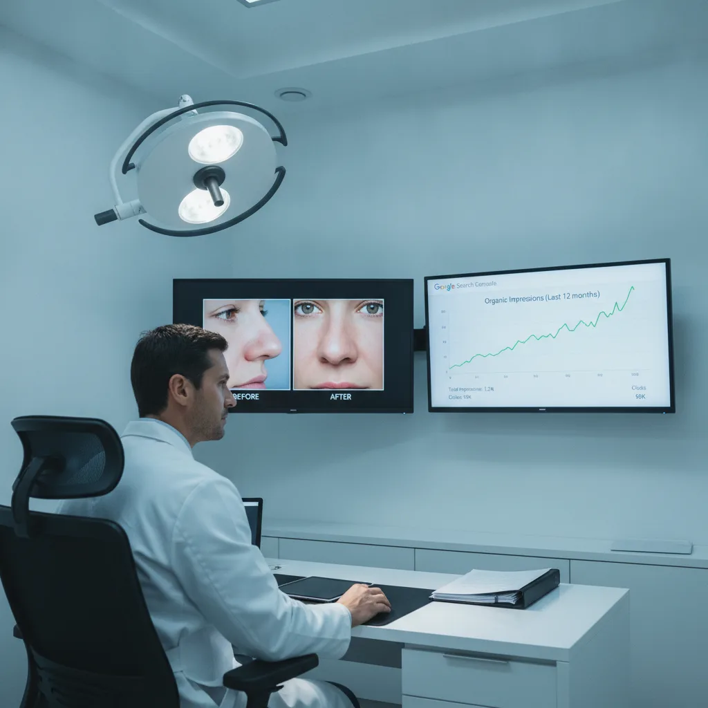 A plastic surgeon reviews before-and-after photos and SEO data in a cool-toned office.