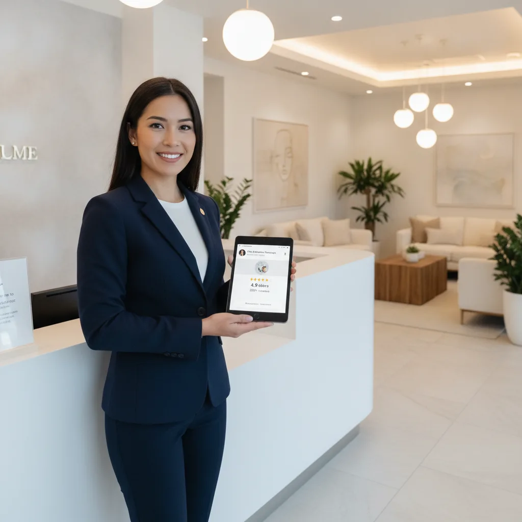 A front-desk coordinator holding a tablet displaying a Google Business Profile dashboard in a modern clinic reception area.