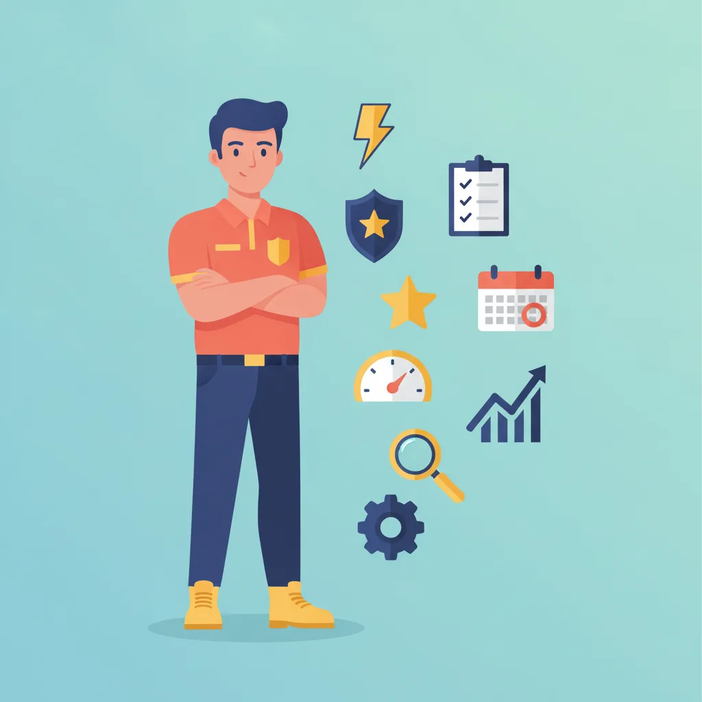 A confident male electrician in work uniform with crossed arms, surrounded by various work-related icons.