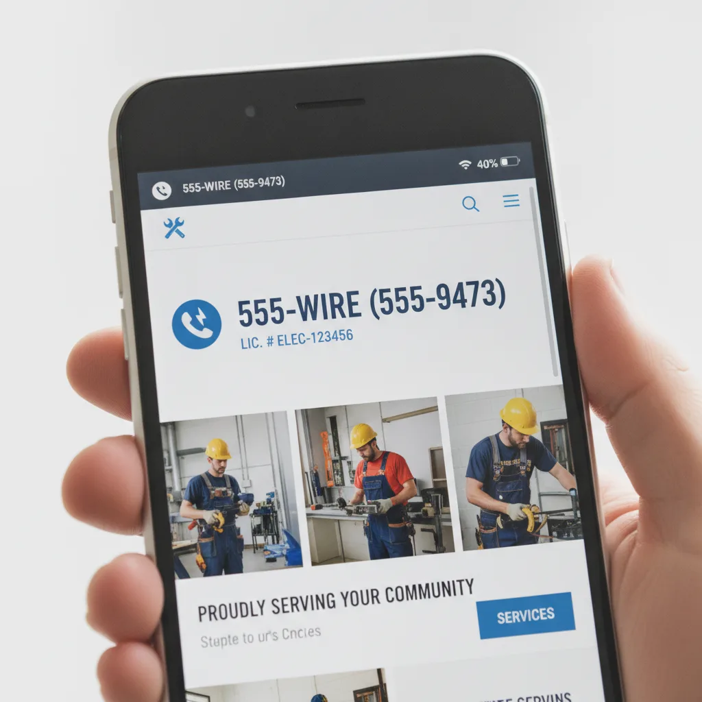 A hand holds a smartphone displaying an electrician website with a phone and license number in the header.