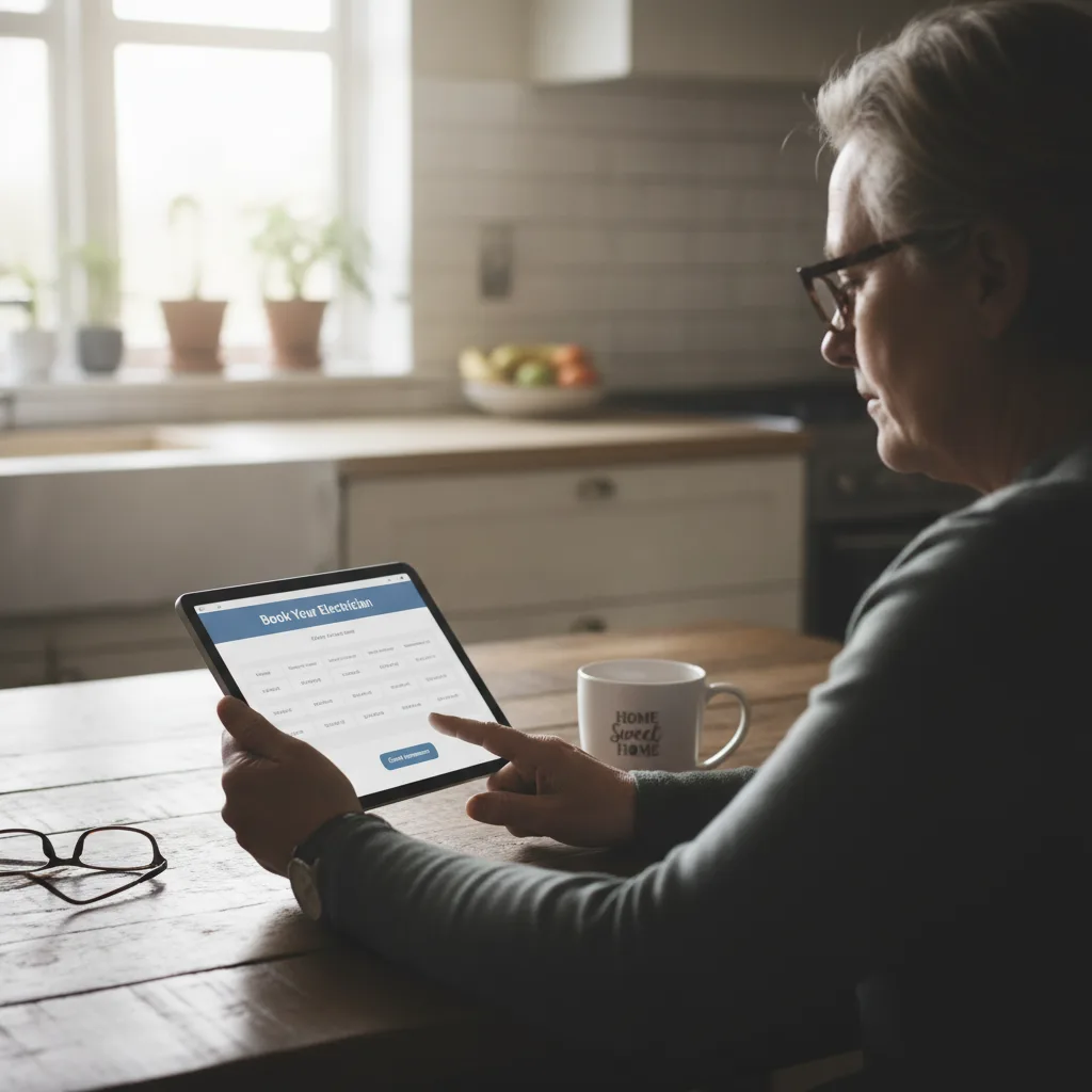 Homeowner in 50s booking an electrician appointment online using a tablet, with coffee and reading glasses nearby.