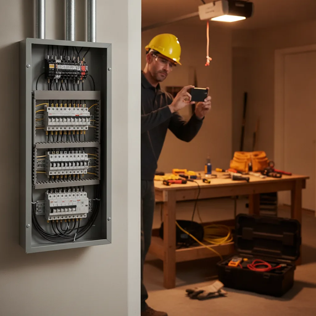 Electrician in hard hat photographs a completed 200-amp panel upgrade in a residential garage, tools on workbench.