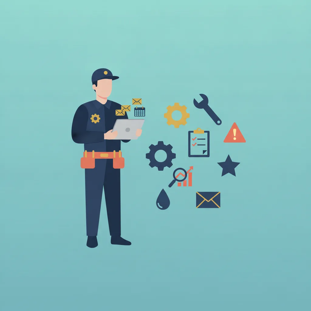 A flat vector illustration of a plumber holding a tablet, surrounded by floating icons like a pipe wrench, gear, and checklist.