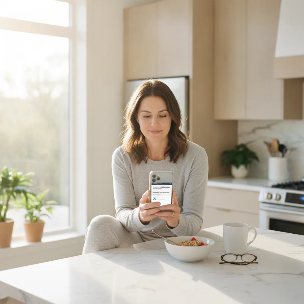 Woman in a modern kitchen opening a plumbing maintenance reminder email on her smartphone during a relaxed morning.