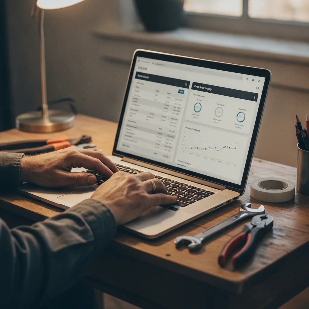 Plumber's hands typing on a laptop with an invoice and email dashboard, tools on a small office desk.