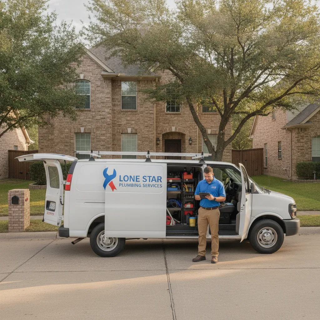 A plumbing service van in a suburban Texas driveway. A technician reviews a tablet before entering the home.