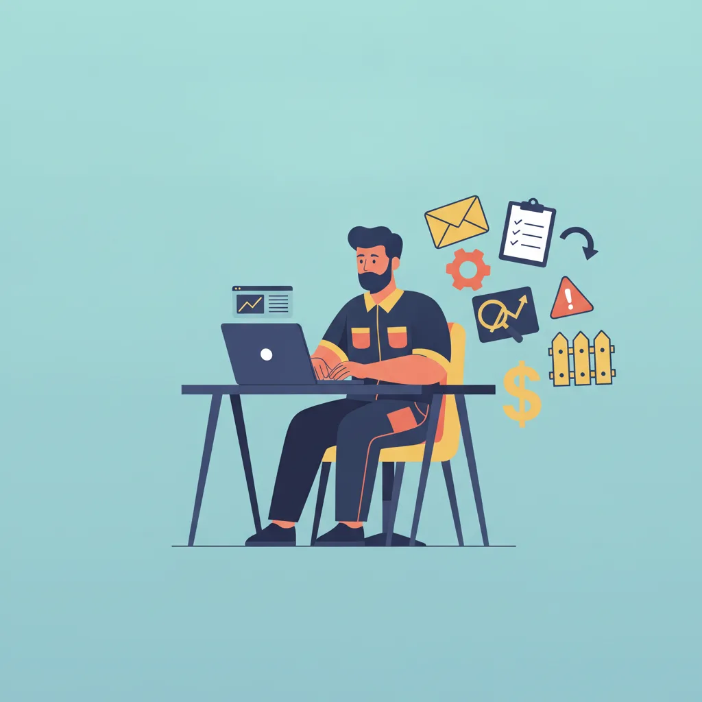 A fence contractor works on a laptop at a desk, surrounded by business icons on a teal background.