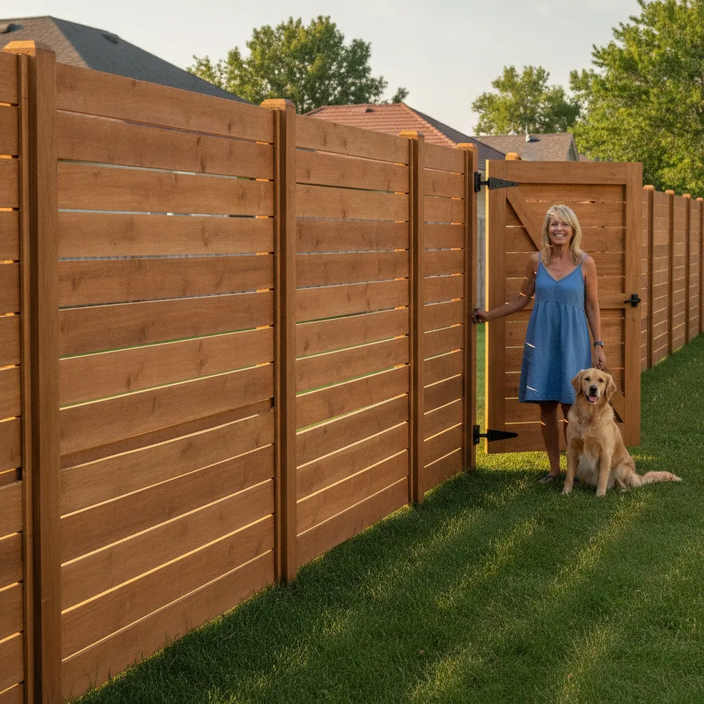 A woman and her golden retriever stand smiling beside a newly installed cedar privacy fence in a sunny backyard.