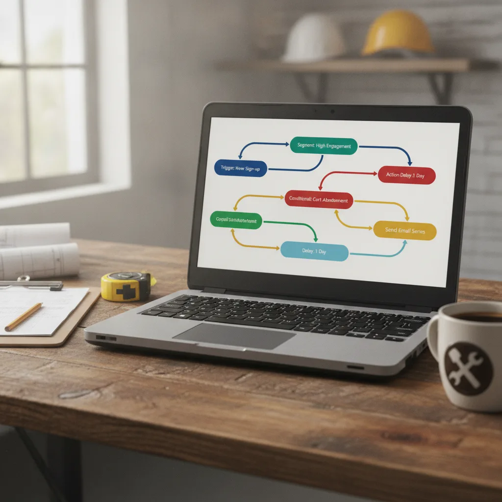 A laptop on a contractor's desk displays an email automation flow diagram, surrounded by work tools.