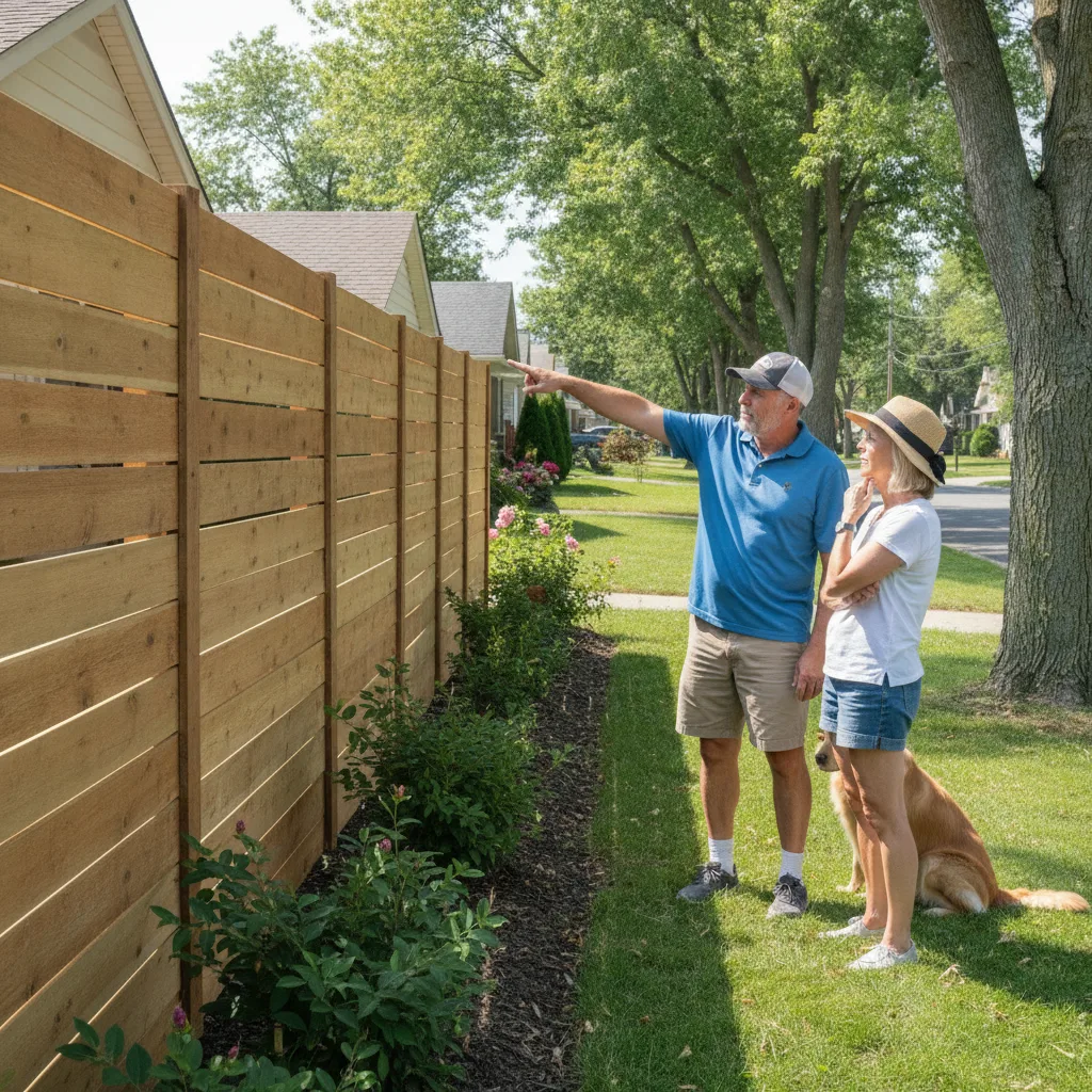 Two neighbors, one pointing at a new wood fence on a suburban street, discussing it with a Golden Retriever nearby.