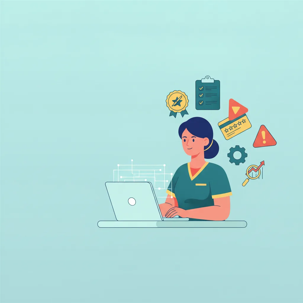 An ophthalmologist at a desk with a laptop, surrounded by icons like a checklist, badge, five-star review, and alert triangle.