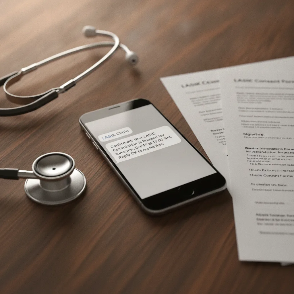 A smartphone displays a LASIK consultation confirmation, next to a stethoscope and consent forms on a wooden desk.
