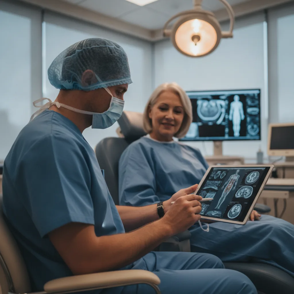 A surgeon in scrubs reviews digital imaging on a tablet with a patient in an exam chair.
