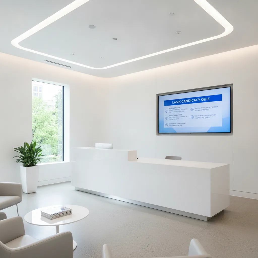 Modern LASIK clinic reception area with white walls, a large monitor, soft lighting, and an empty front desk.