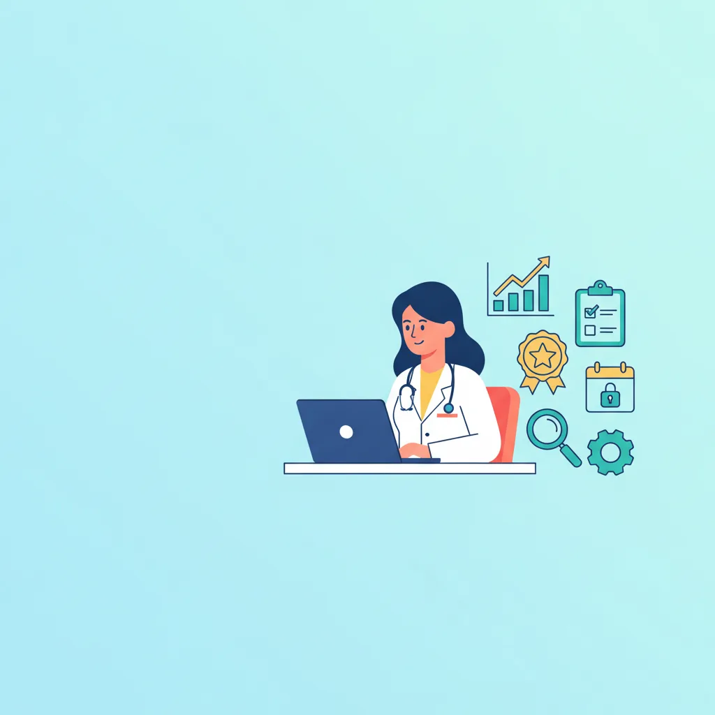 A flat vector illustration of a physician at a desk with a laptop, surrounded by marketing and compliance icons.