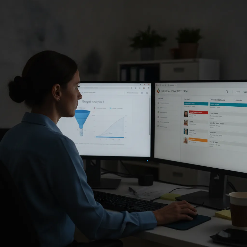 A digital marketing analyst reviews Google Analytics 4 and CRM dashboards in a dimly lit office.