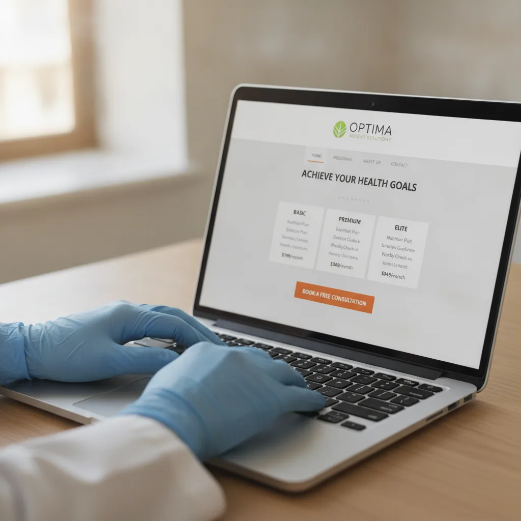 Close-up of gloved hands typing on a laptop displaying a modern weight loss clinic website with pricing and a consultation button.