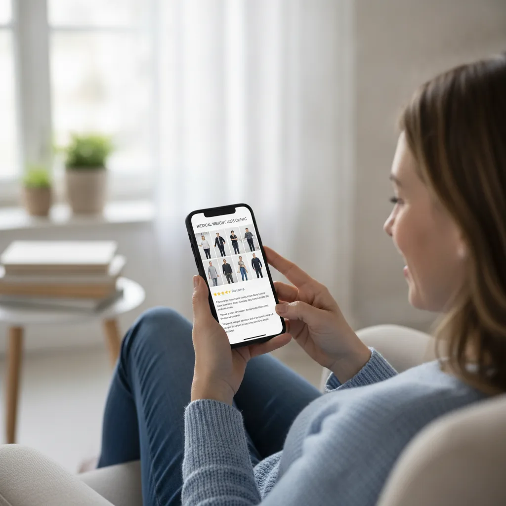 A woman scrolls a medical weight loss clinic website with before-and-after photos and 5-star Google reviews on her smartphone.