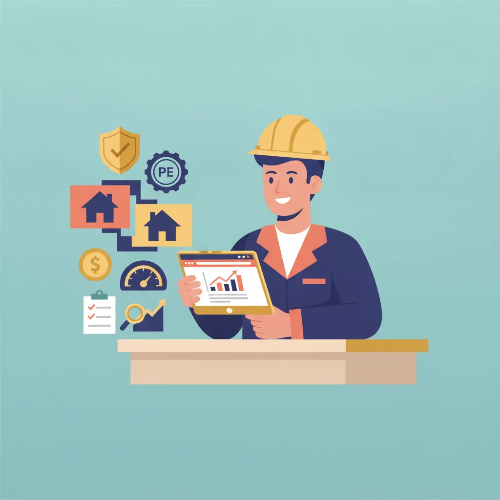 Male contractor in a hard hat at a desk, holding a tablet with conversion charts, surrounded by construction-related icons.