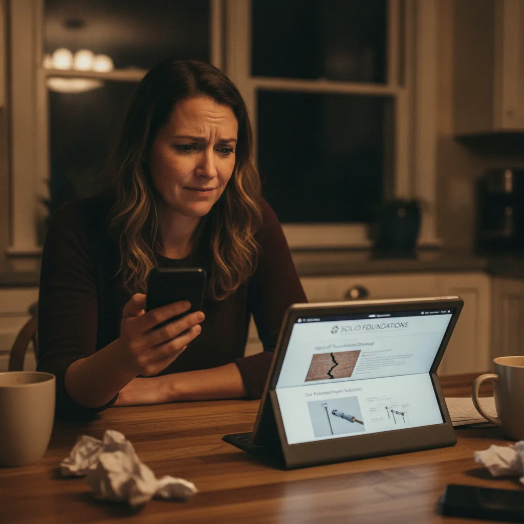 A worried woman at a kitchen table at night, phone in hand, looking at a foundation repair company's website on a tablet.