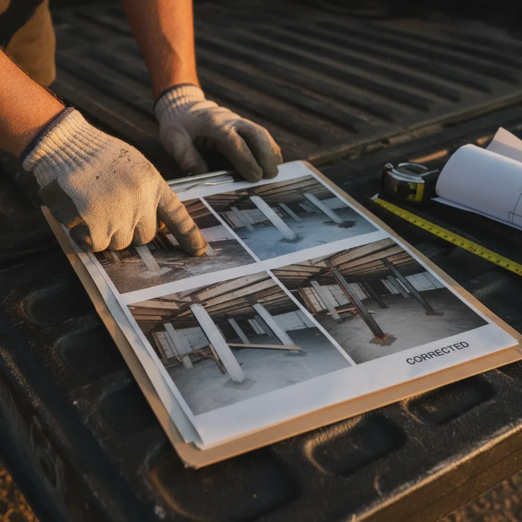 Contractor's gloved hands pointing at before and after photos of a pier-and-beam foundation on a truck tailgate.