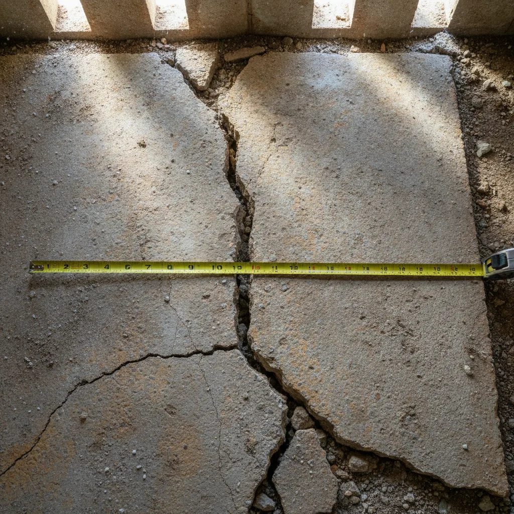 Overhead view of a cracked concrete slab foundation in a Texas crawl space, with a measuring tape across a crack.