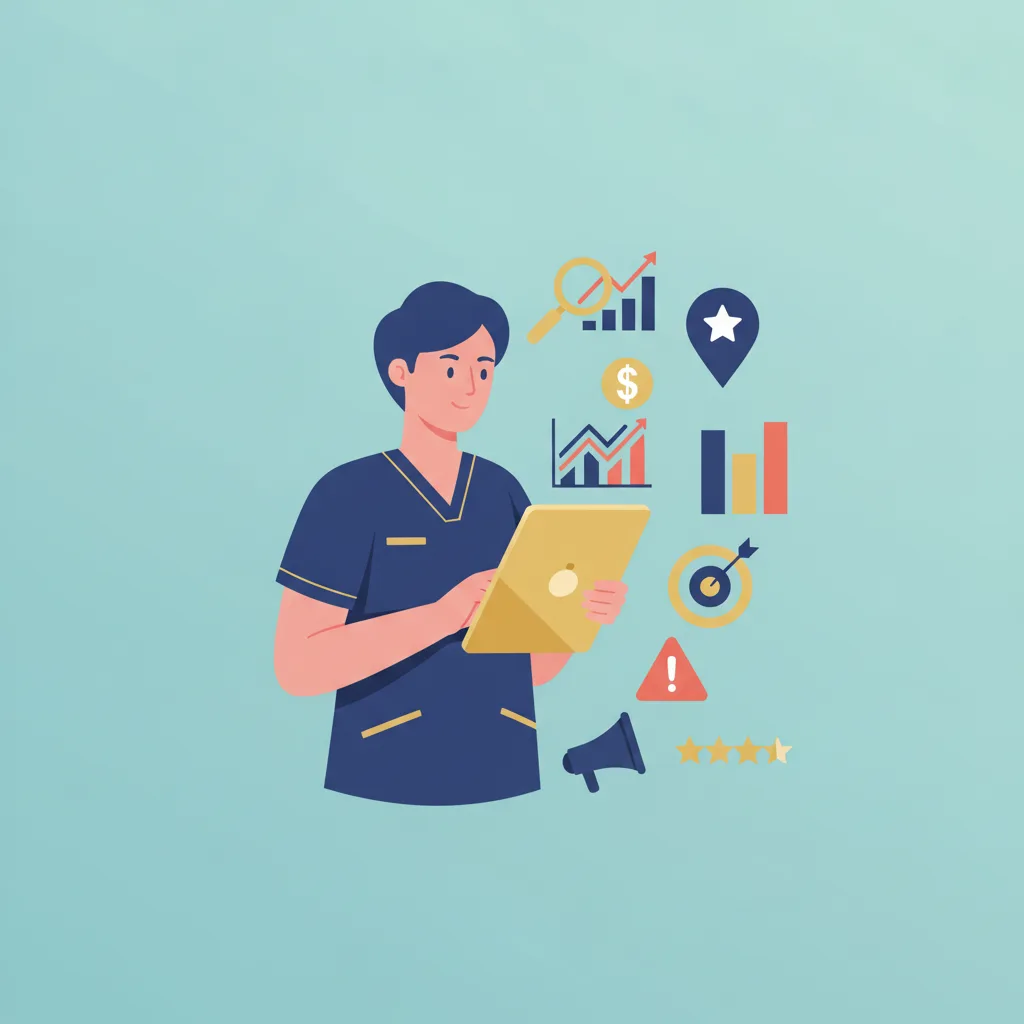 A flat vector illustration of a plastic surgeon in scrubs reviewing analytics on a tablet, with floating icons nearby.