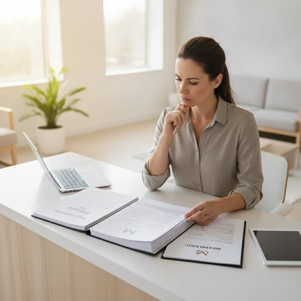 A practice manager reviewing SEO agency proposals at a modern medical office front desk with natural light.