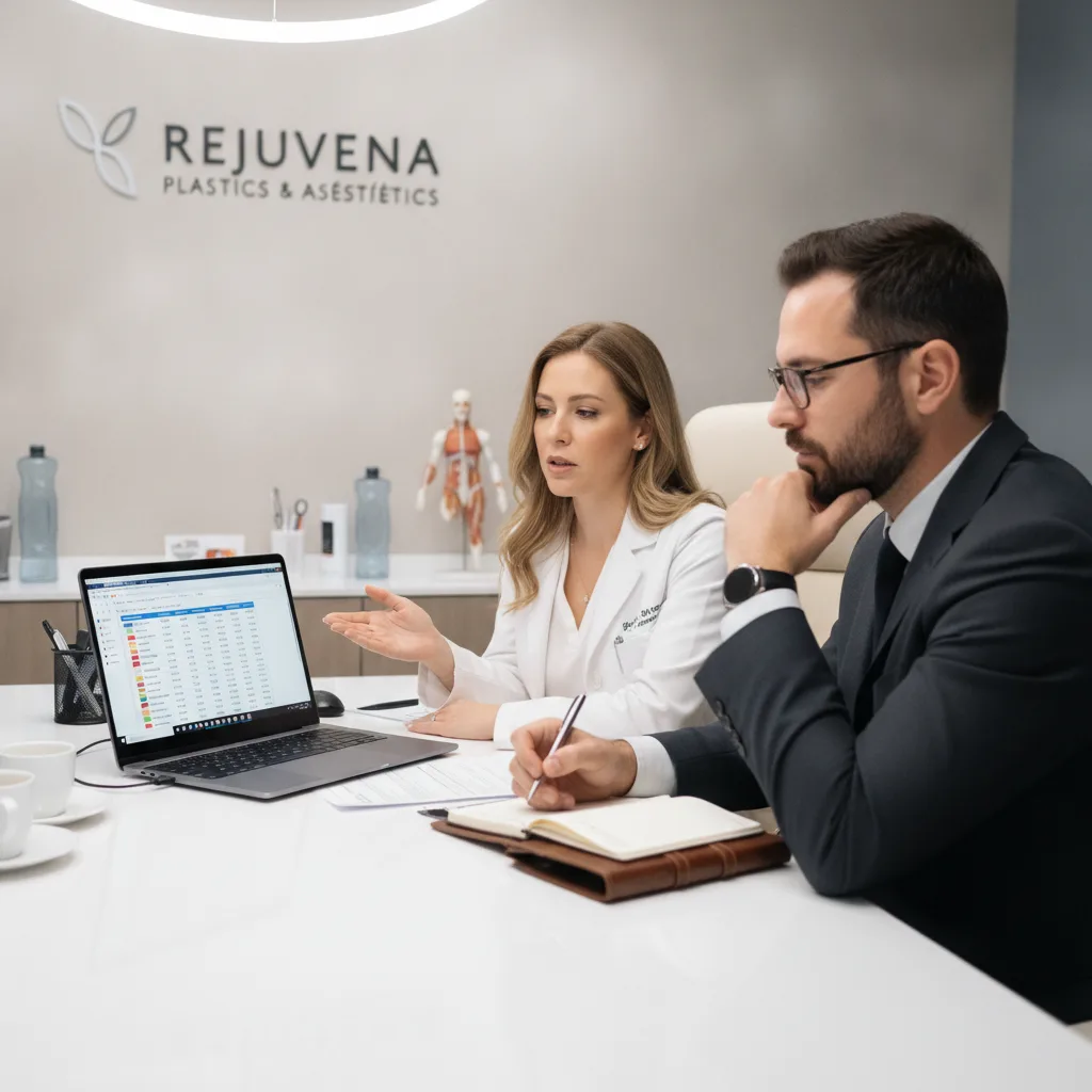A plastic surgeon and a digital marketing strategist analyze Google Search Console data in a medical office.