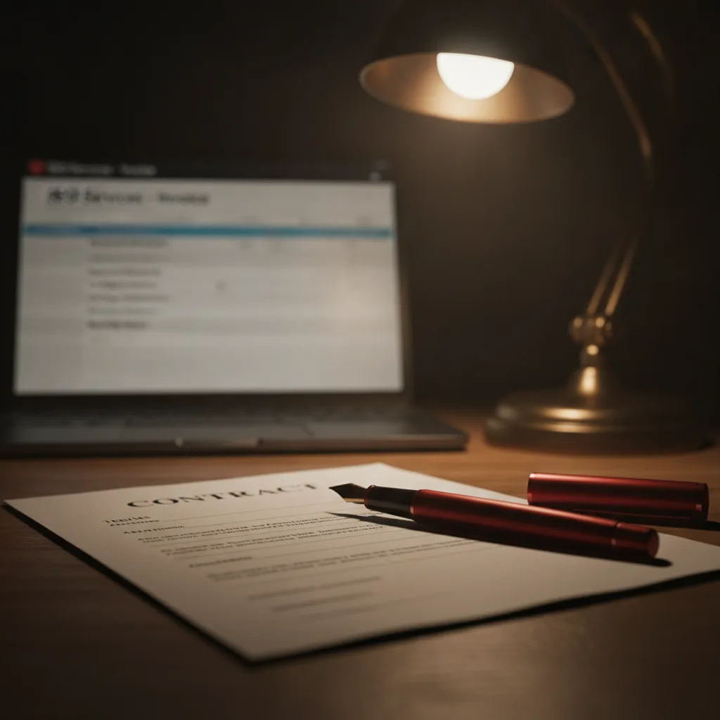 Close-up of a contract and red pen on a desk, with a blurred laptop showing an SEO invoice in the background.