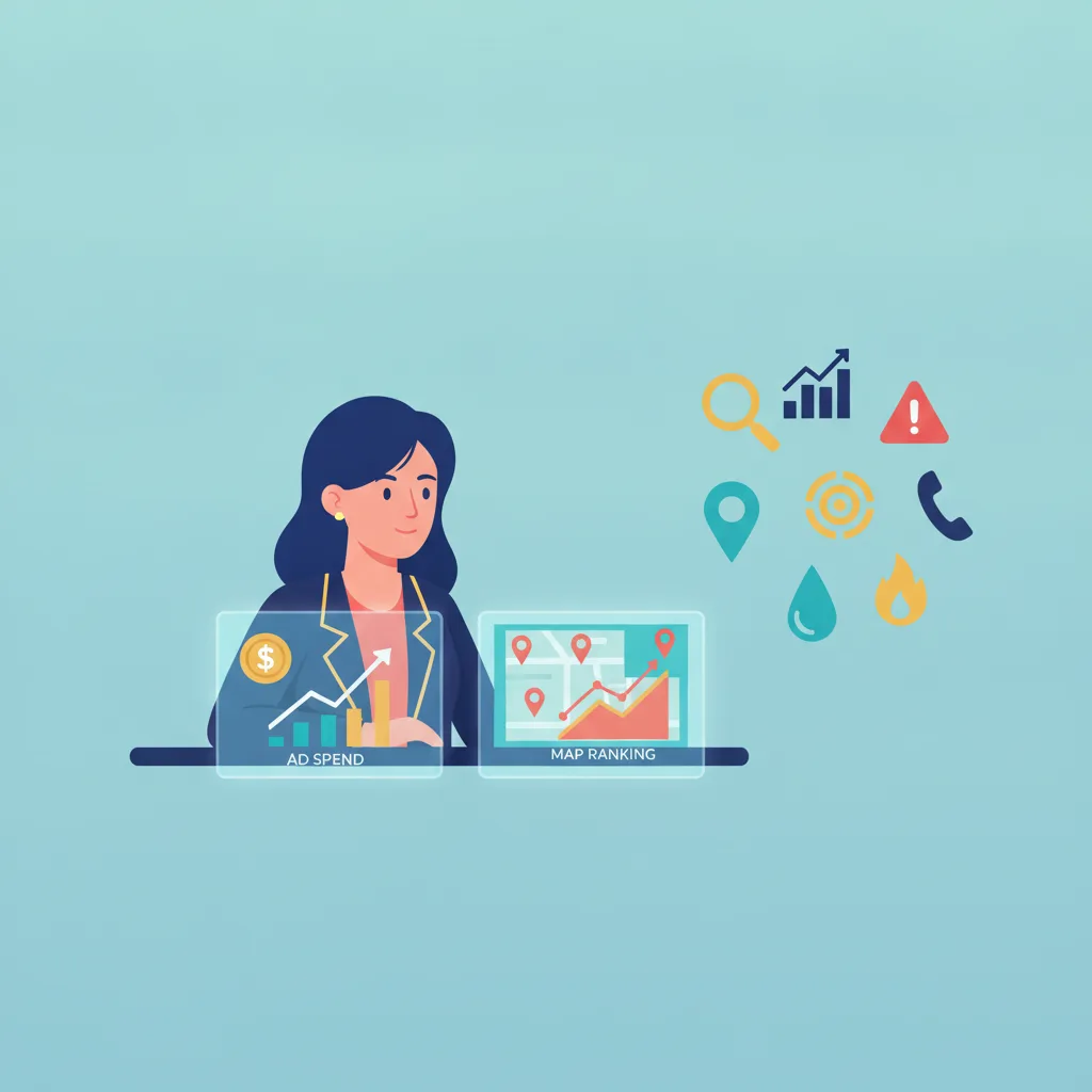Vector illustration of a woman reviewing dashboards, with icons like a magnifying glass, target, alert triangle, and location pin.