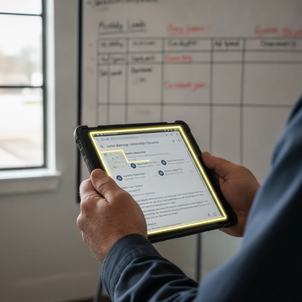 A contractor's hands hold a tablet displaying Google search results for 'water damage restoration Houston' with the local map pack highlighted.