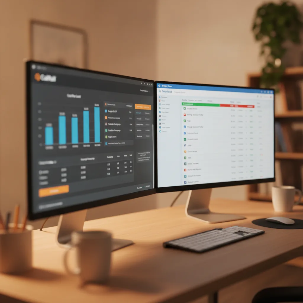Split-screen computer monitors displaying a CallRail dashboard and a BrightLocal citation report on a desk.