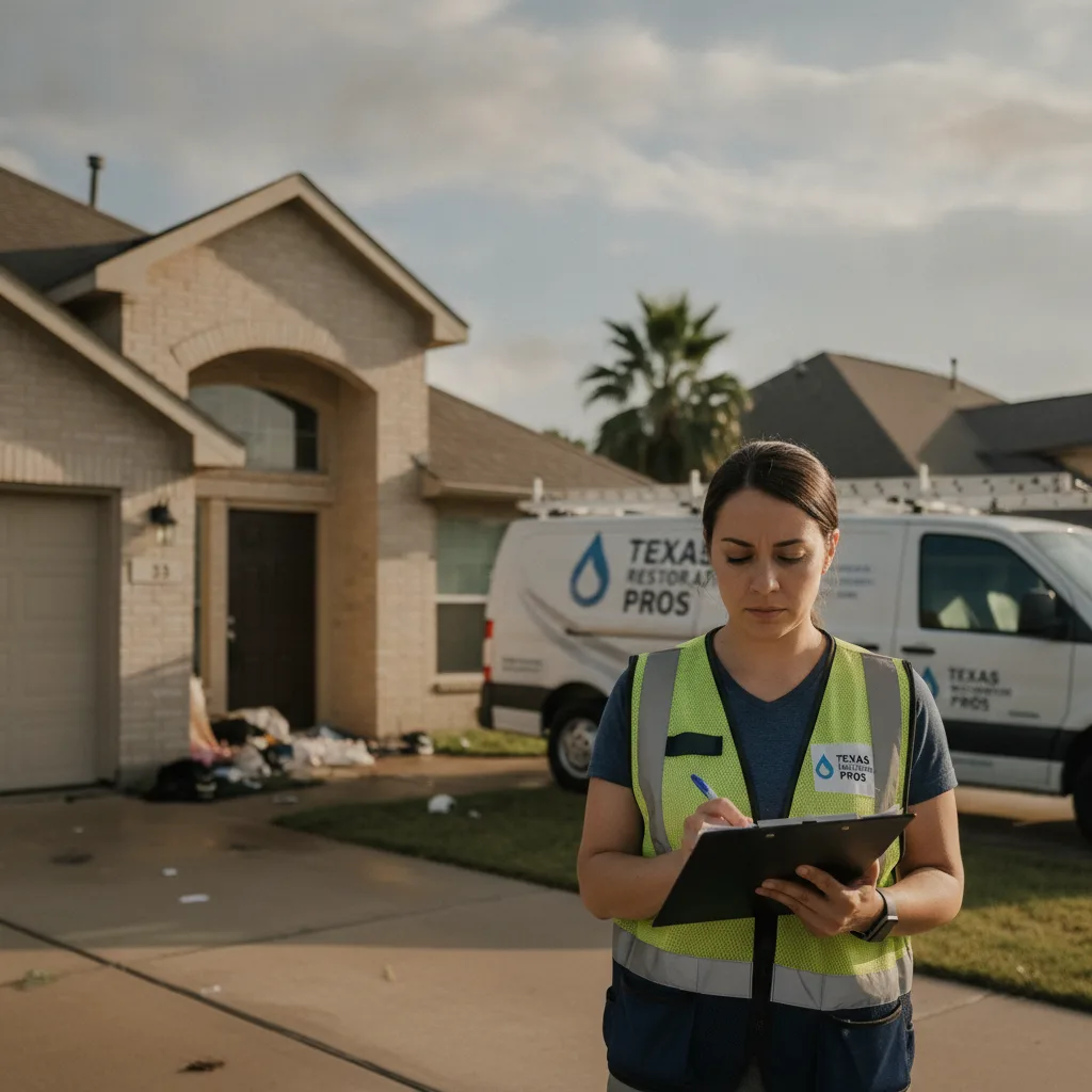 A restoration project manager reviews job estimates outside a water-damaged Texas home with a branded van in the driveway.