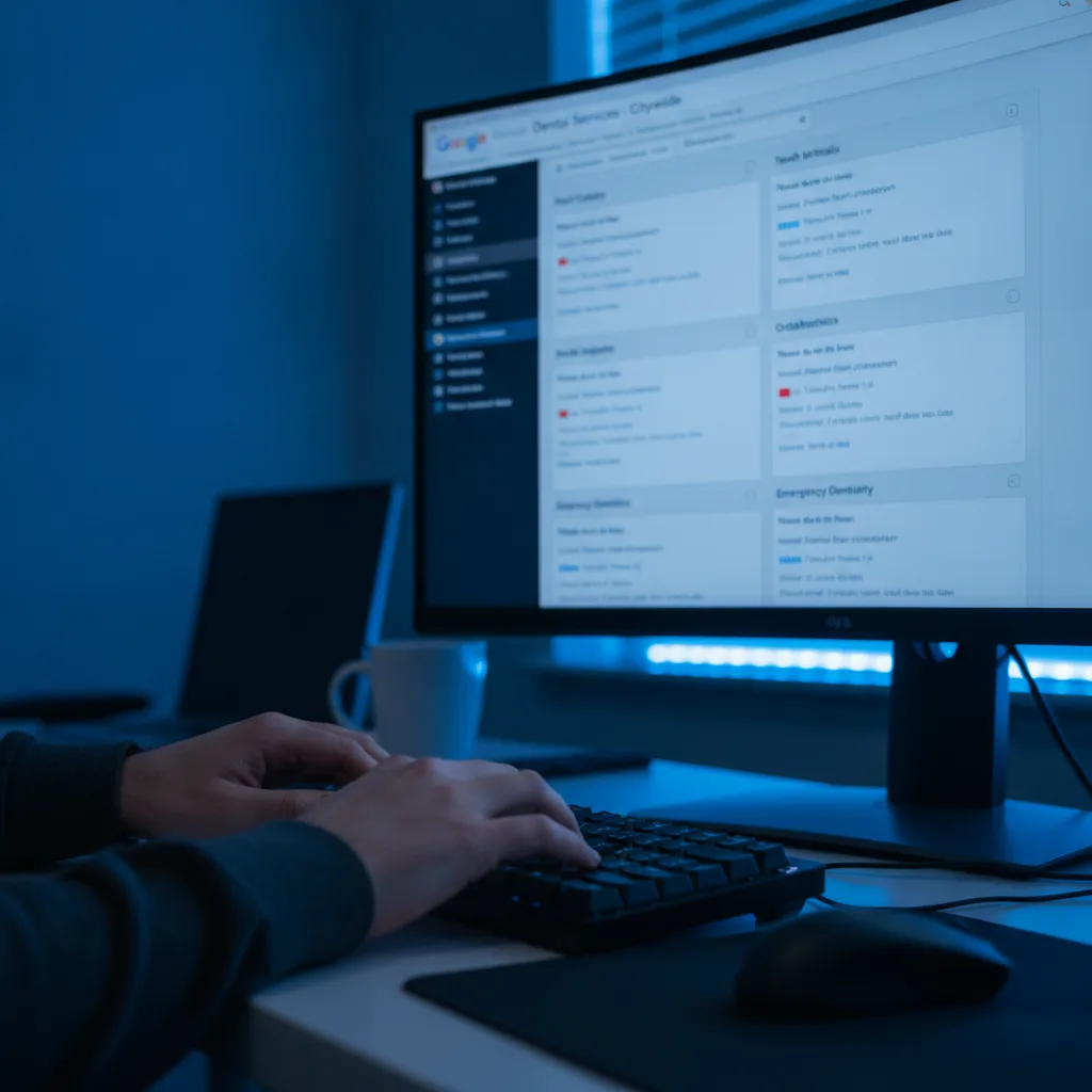Hands typing on a keyboard, with a Google Ads campaign structure for dental services visible on a monitor.