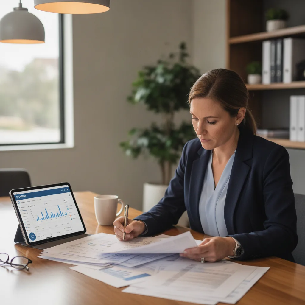 A focused dental office manager reviewing CallRail reports at a conference table with warm office lighting.