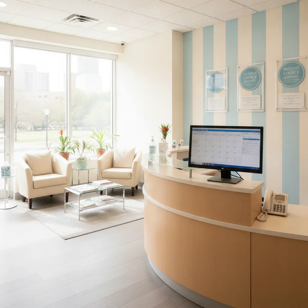A bright and welcoming dental practice reception area with a front desk, computer, and patient seating by a large window.