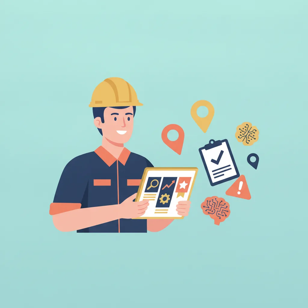 Flat vector illustration of a male contractor in a hard hat holding a tablet, surrounded by icons.