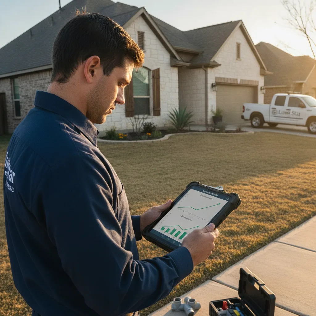 Plumber in uniform reviewing a tablet with a brand monitoring dashboard outside a Texas suburban home at golden hour.