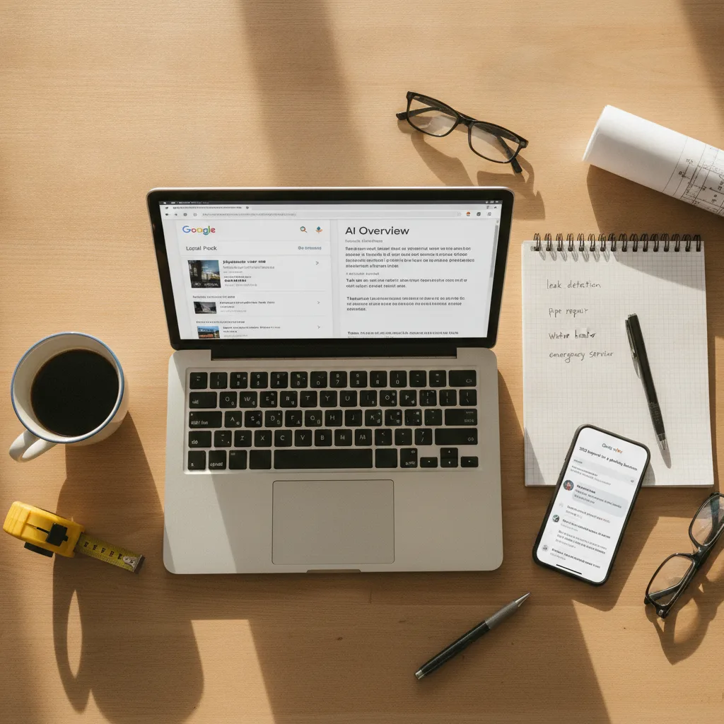 Overhead view of a contractor's desk with a laptop, notebook, smartphone, and coffee cup in warm window light.